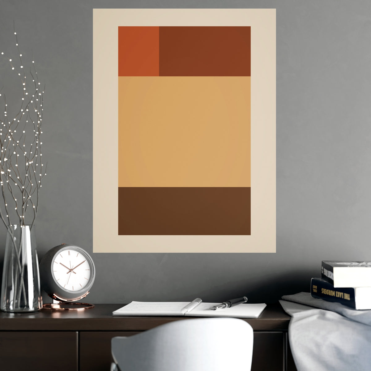 Muted 70s Blocks Retro Wall Art — blocks in a muted 70s palette, shown framed on a wall