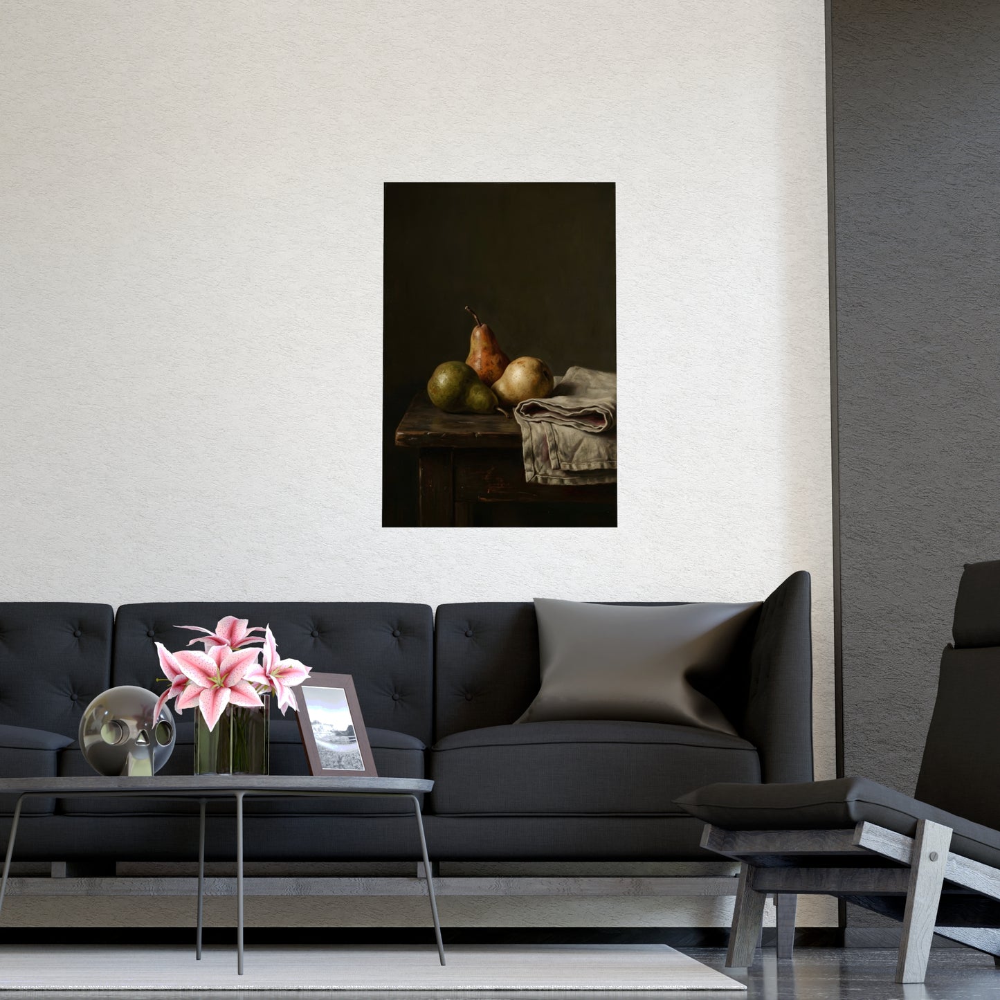 Three Pears on a living room wall beside a tall vase, 12x18 in print