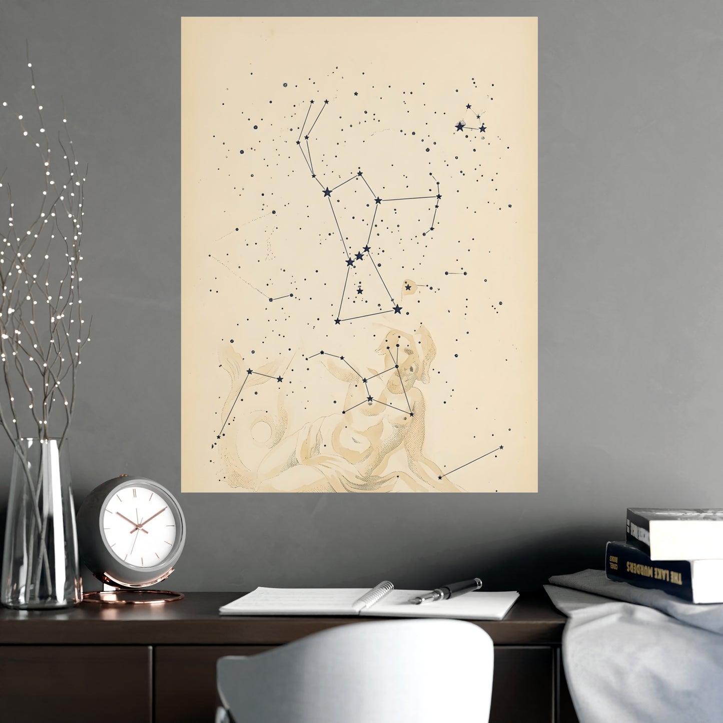 Constellation hung above a sofa with a side table and lilies, 18x24 in print