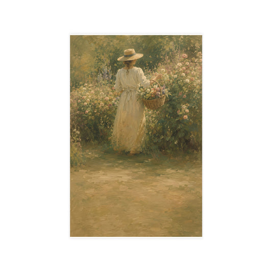 Gathering Flowers — a woman in a straw hat gathering flowers into a wicker basket, 11x17 in print