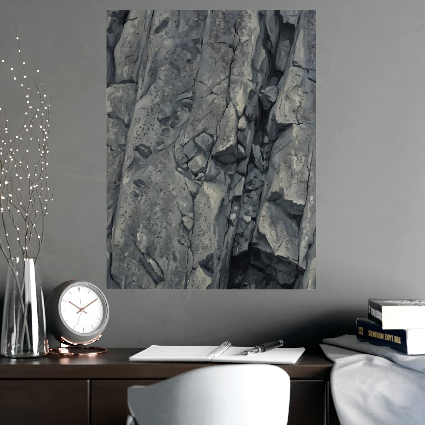 Rock Face on a living room wall beside a tall vase, 18x24 in print