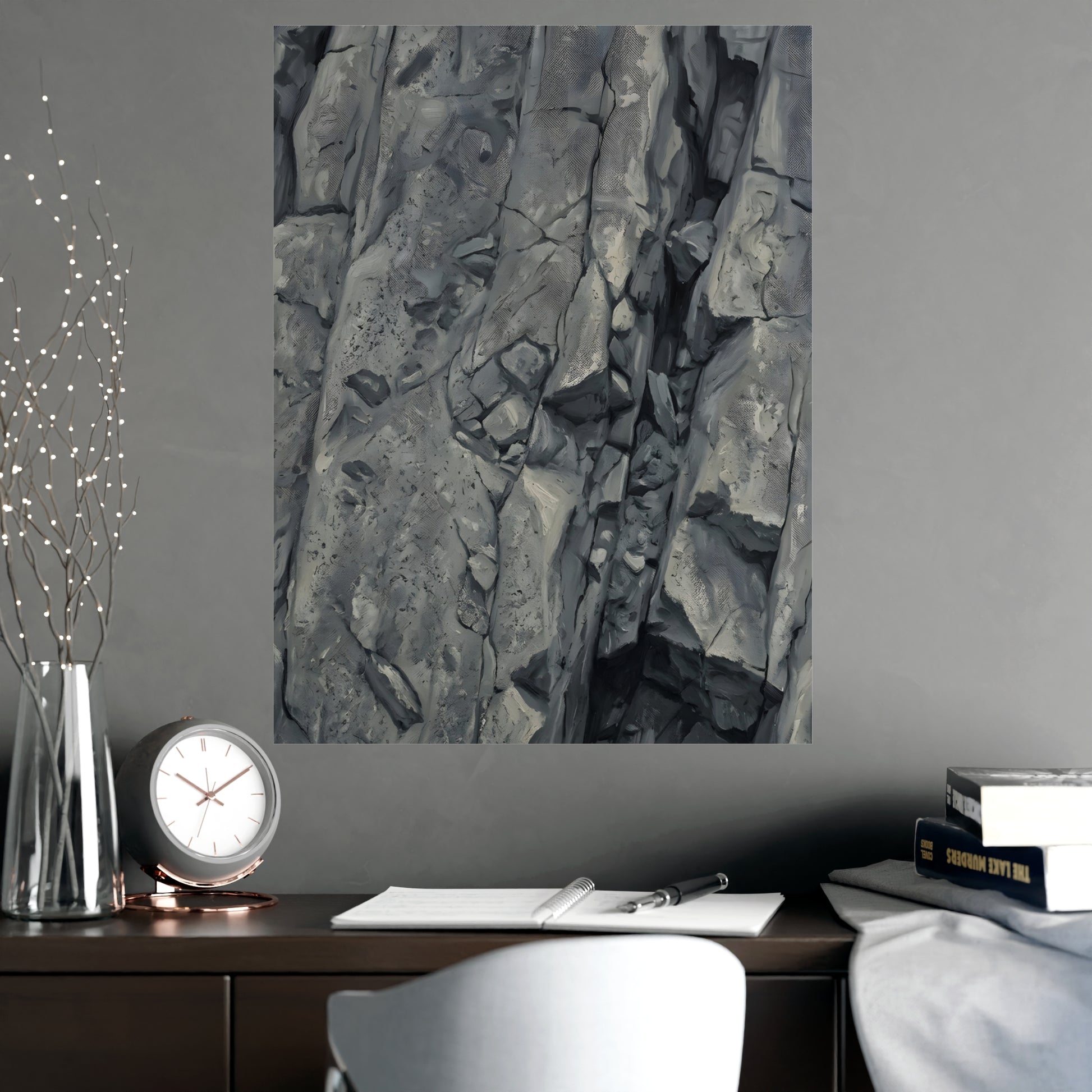 Rock Face on a living room wall beside a tall vase, 18x24 in print