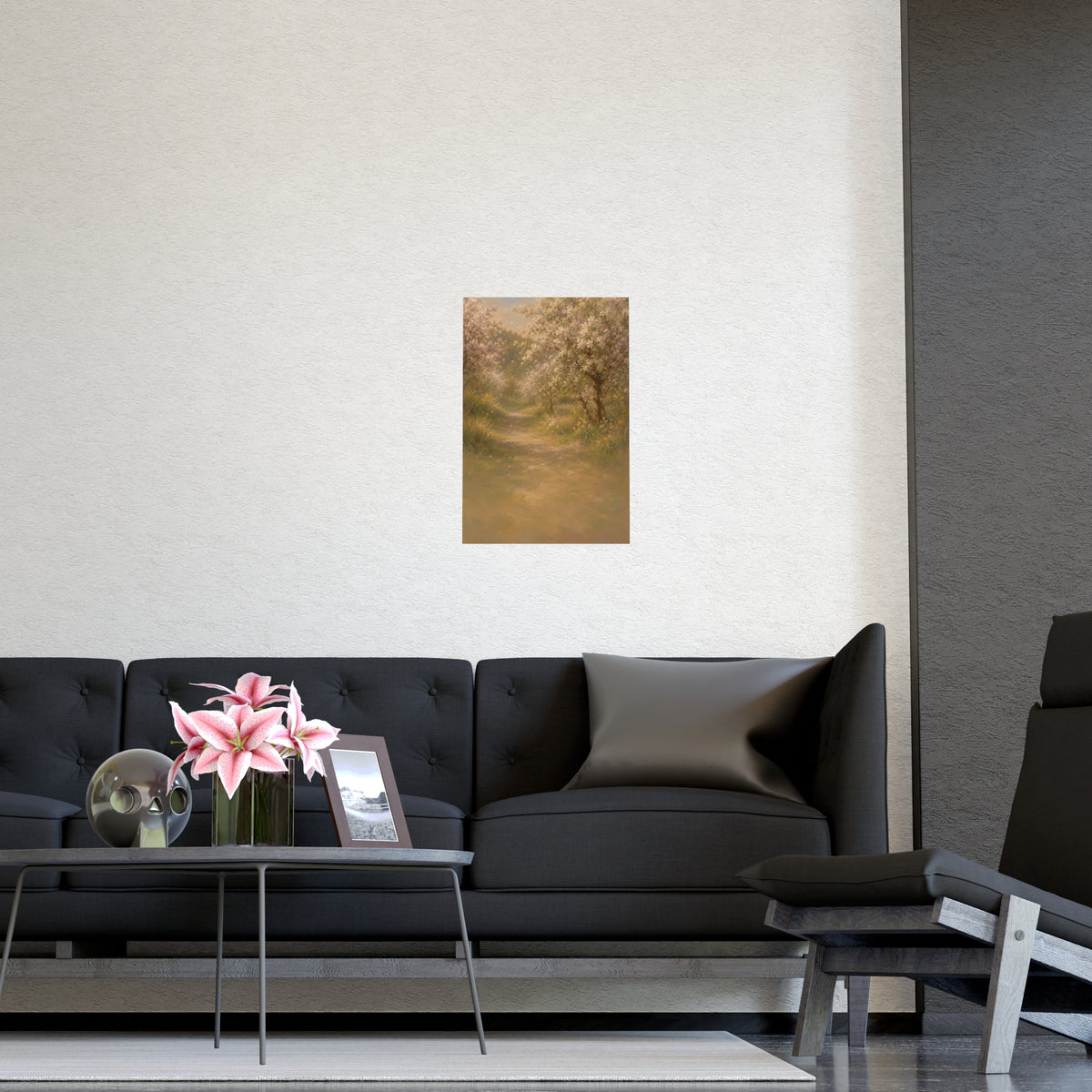 Orchard Path in Spring — a quiet orchard path with blossom drifting, shown framed on a wall