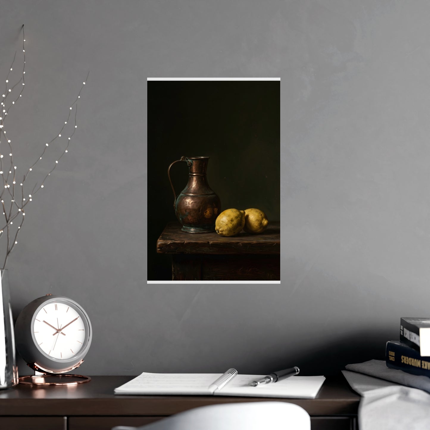 Copper and Lemons hung above a desk with a clock and notebook, 11x17 in print