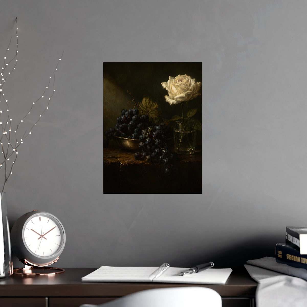 Grapes and a White Rose — grapes and a white rose, shown framed on a wall