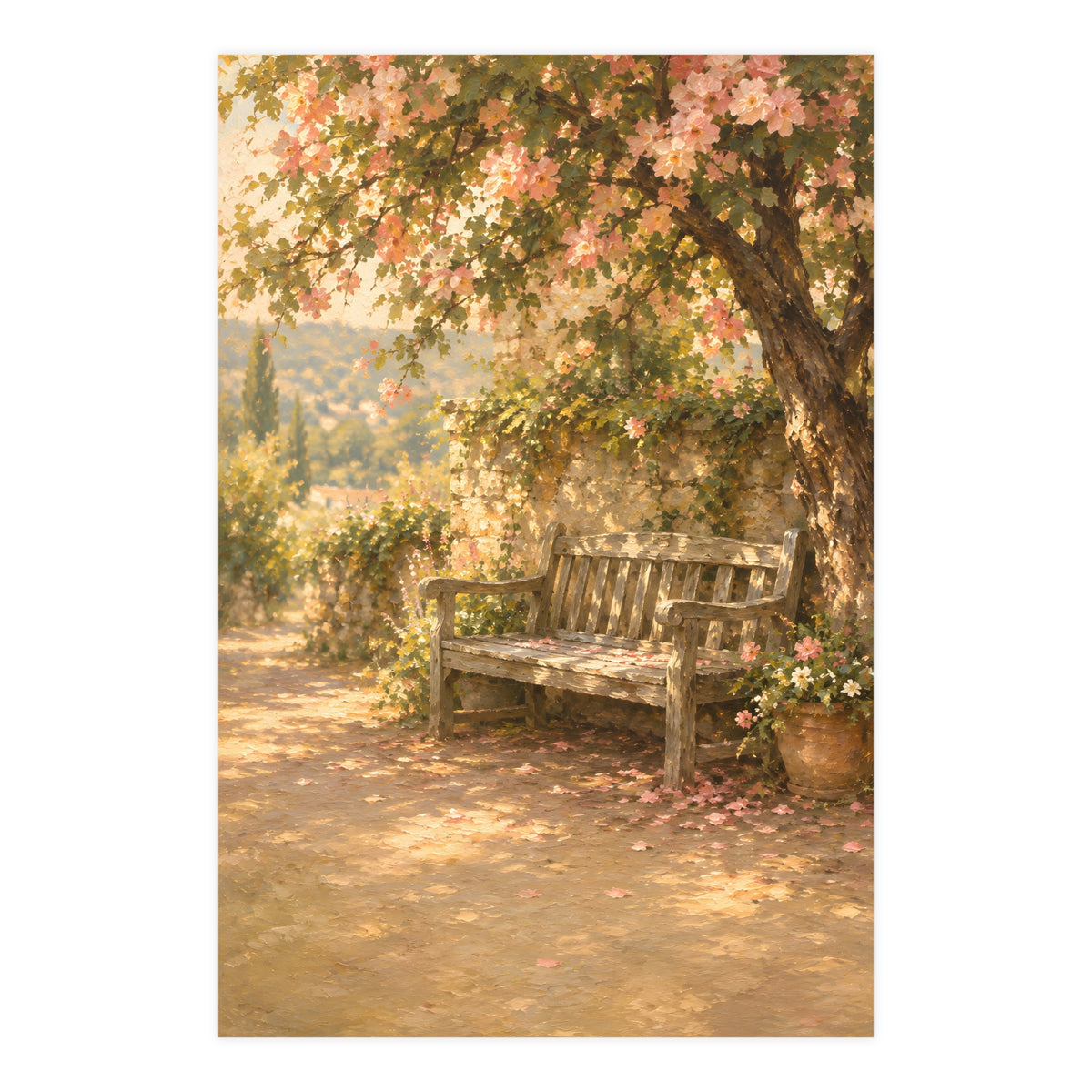 Bench Under Blossom — a weathered wooden bench under a flowering tree in a quiet garden, 24x36 in print