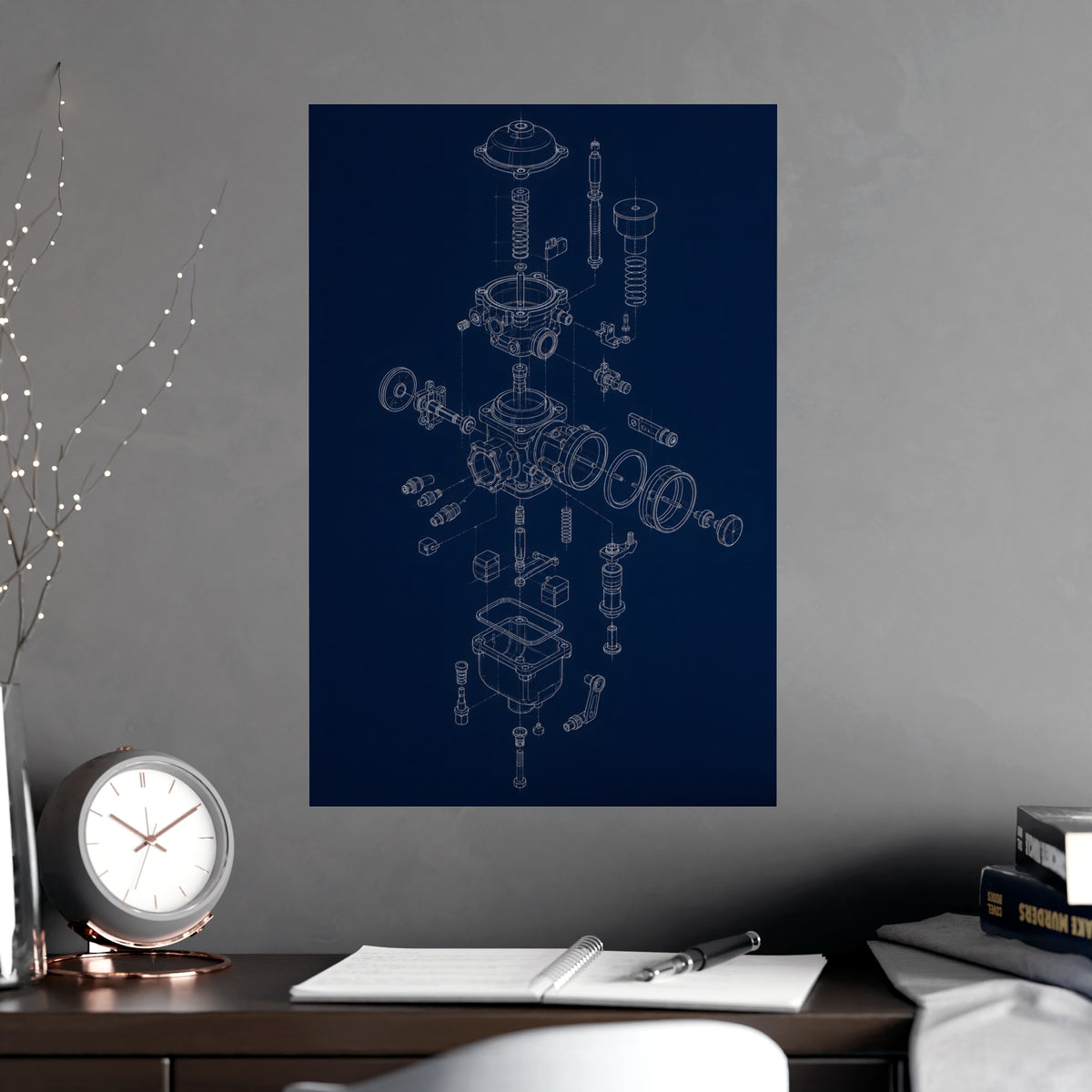 Carburettor, Exploded — carburettor, exploded, shown framed on a wall