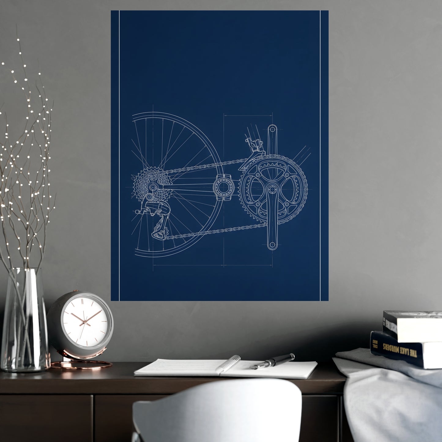 Drivetrain hung above a desk with a clock and notebook, 18x24 in print