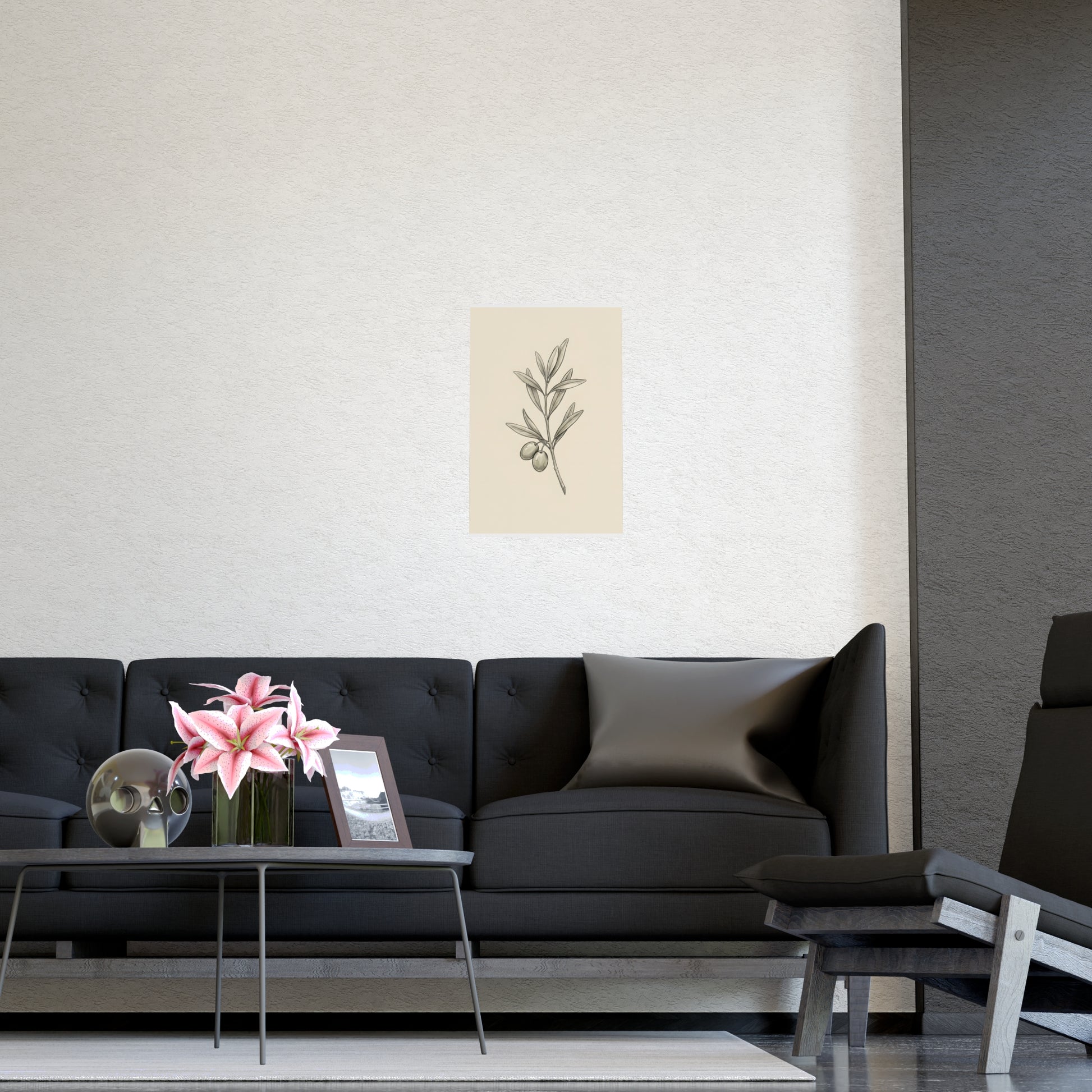 Olive Branch on a living room wall beside a tall vase, 12x16 in print