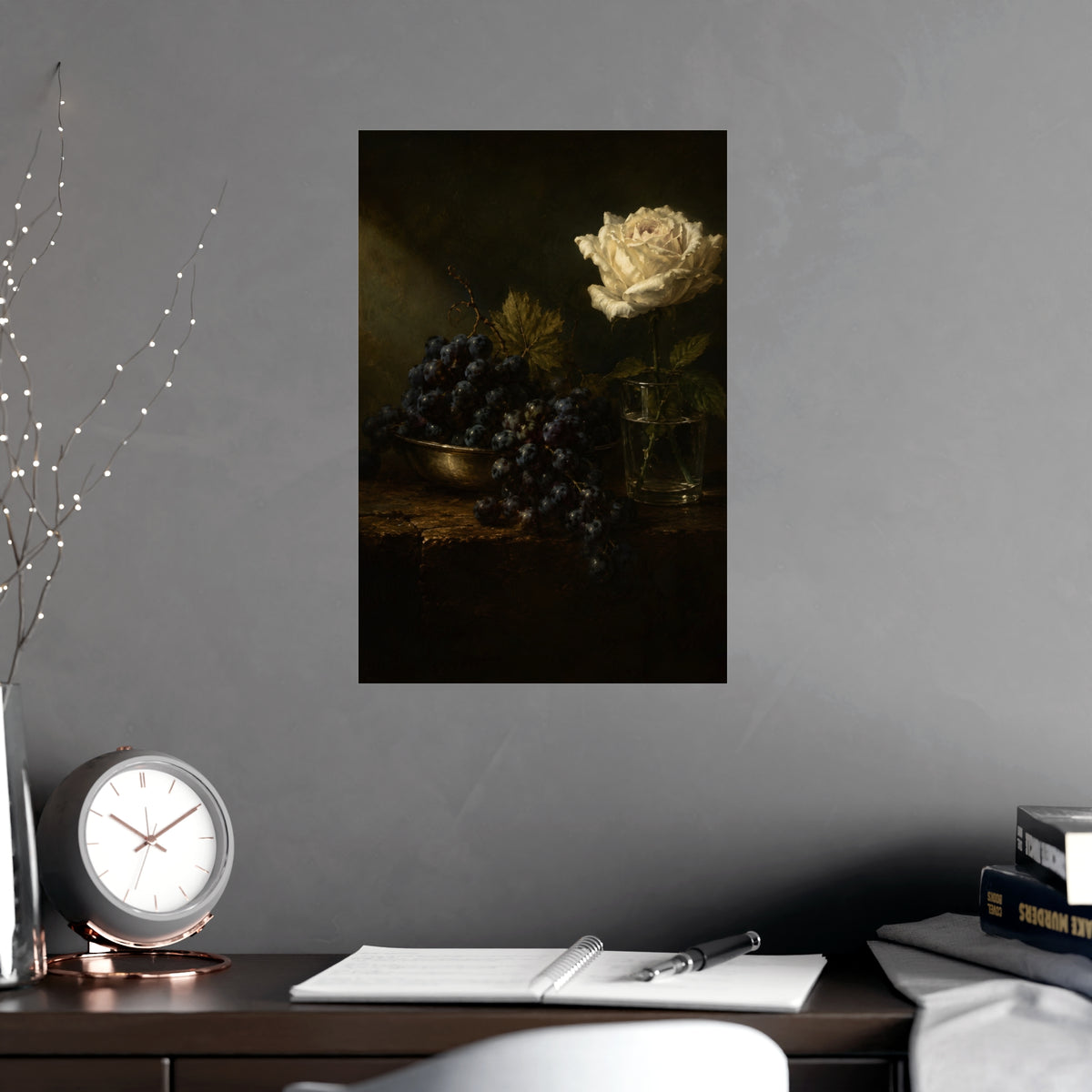 Grapes and a White Rose — grapes and a white rose, shown framed on a wall