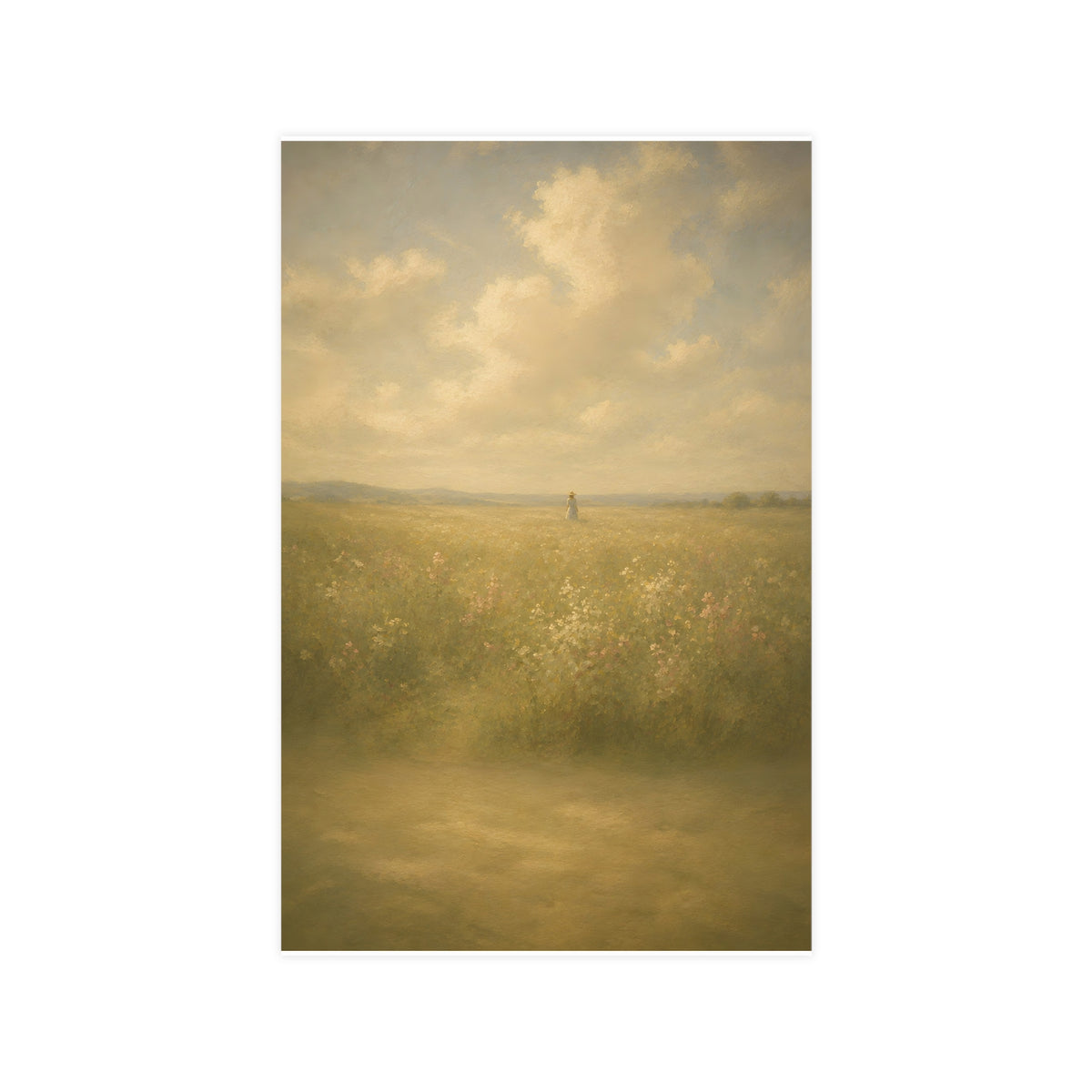 Small in the Field — a single figure very small and far off in a wide wildflower field under a wide summer sky, 11x17 in prin