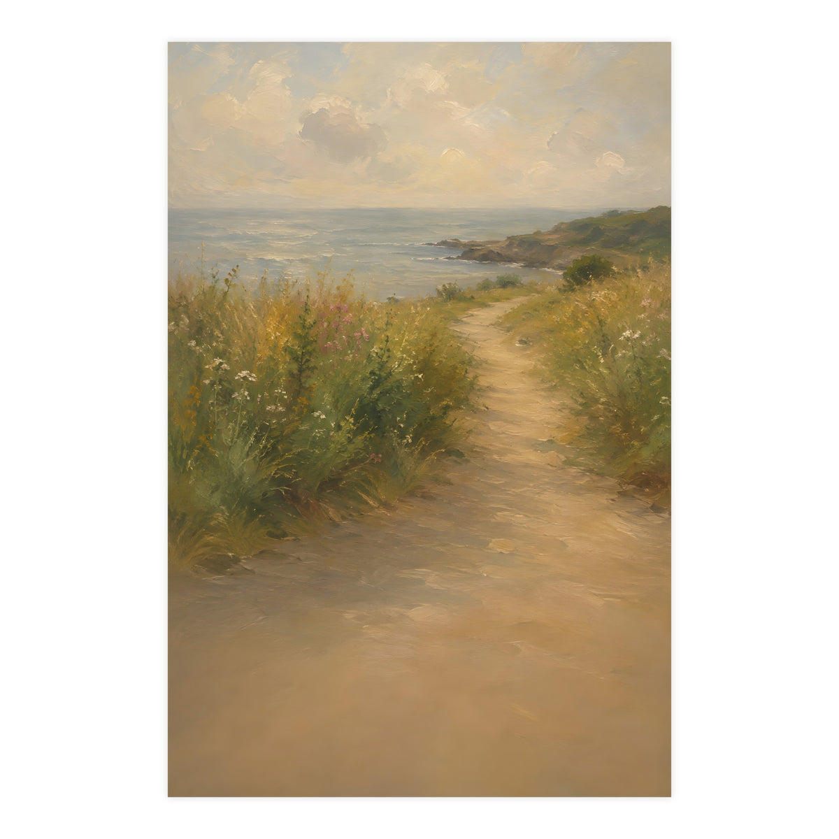Coast Path — a sandy path through wild grasses and sea pinks with a calm sea beyond, 24x36 in print