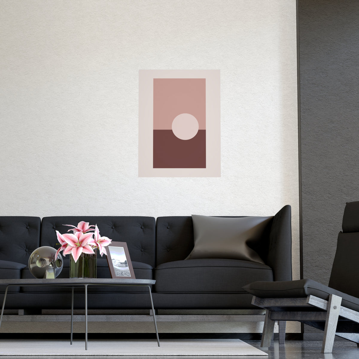 Dusty Rose Sun Landscape Wall Art — sun landscape in a dusty rose palette, shown framed on a wall