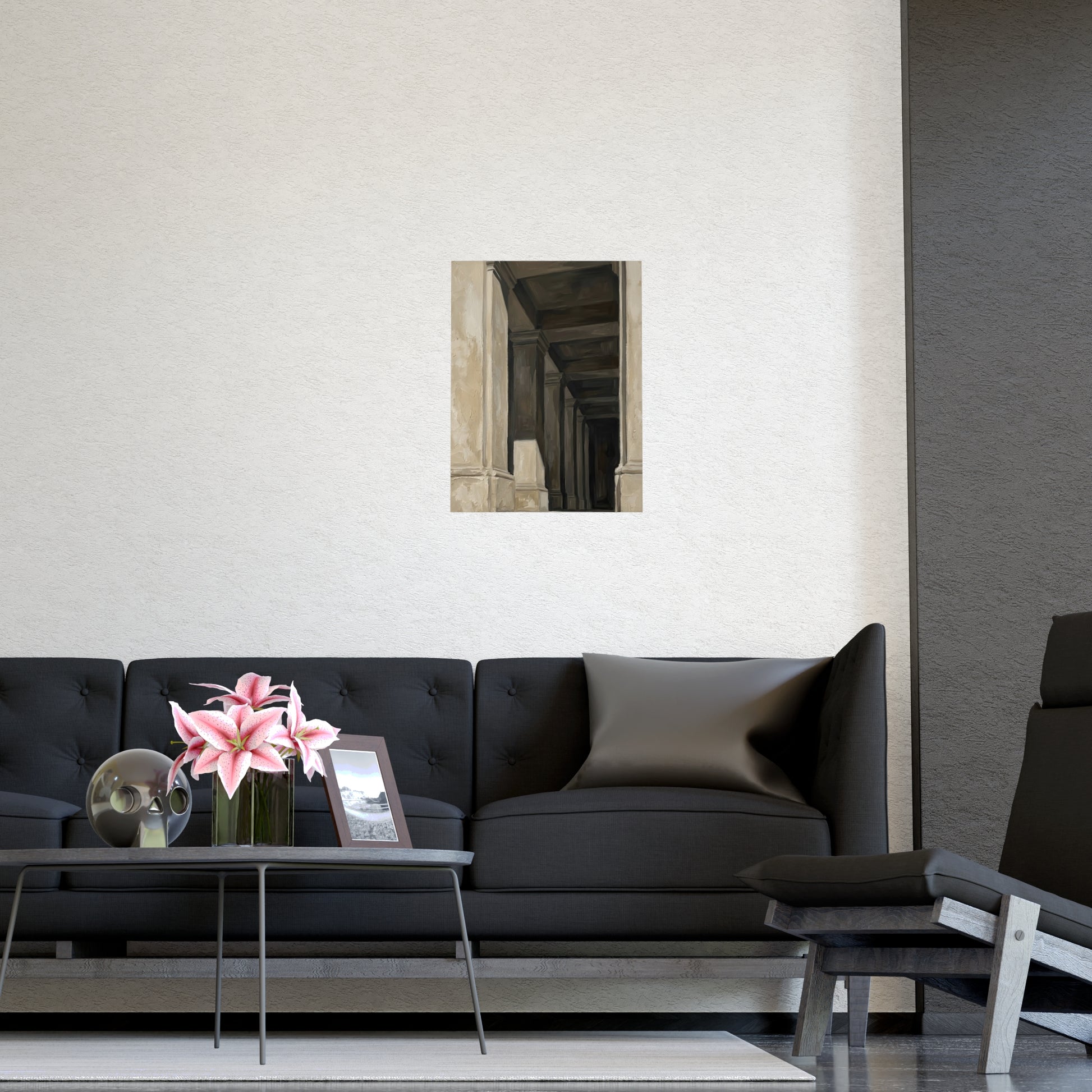 Colonnade hung above a sofa with a side table and lilies, 12x16 in print