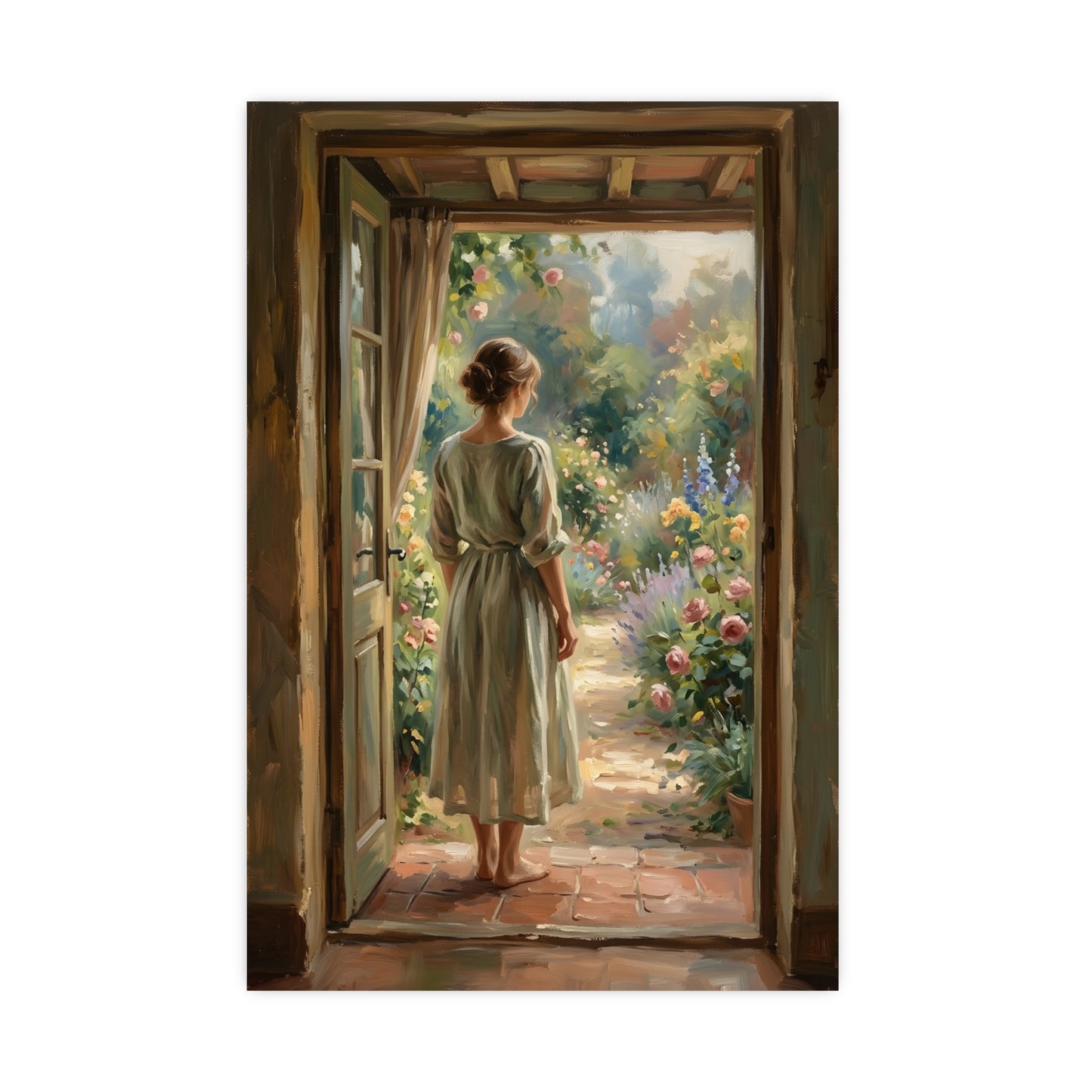 Doorway to the Garden — a woman in a linen dress standing in an open doorway looking out to a summer garden, 20x30 in print
