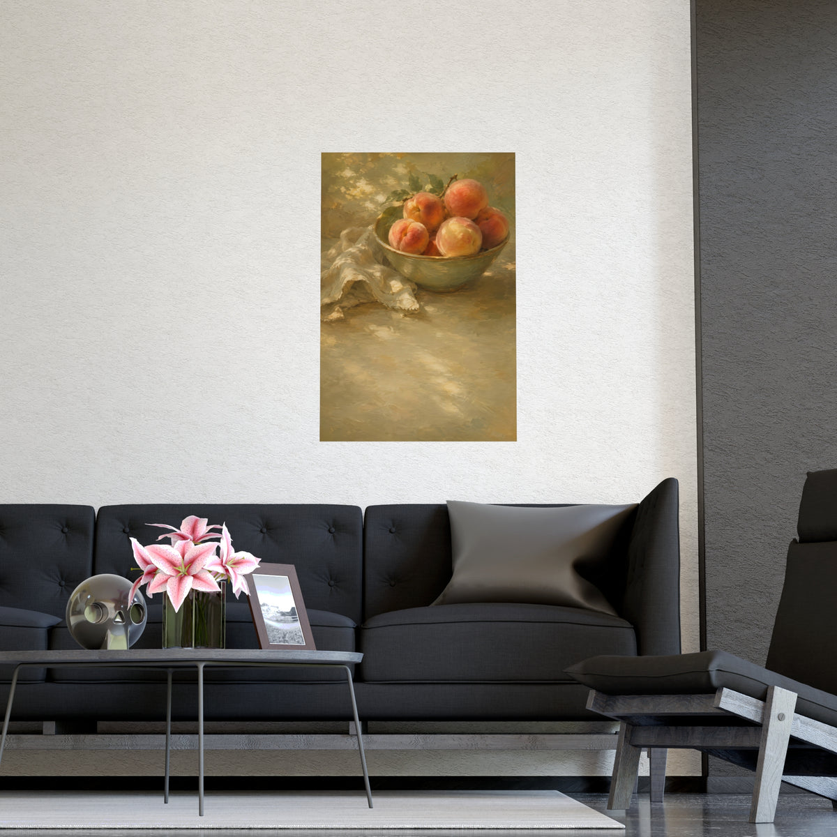 Bowl of Peaches — a bowl of ripe peaches and a folded linen napkin on a sunlit table, shown framed on a wall
