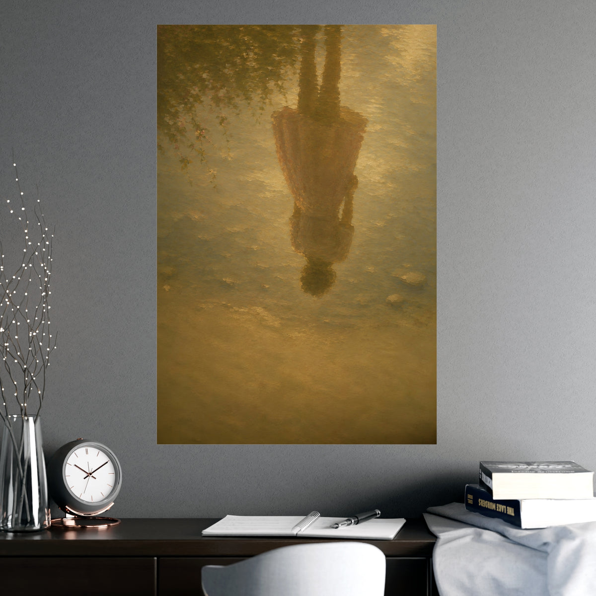 Reflected in the Shallows — only a woman's reflection in still shallow water, the figure herself out of frame, shown framed o