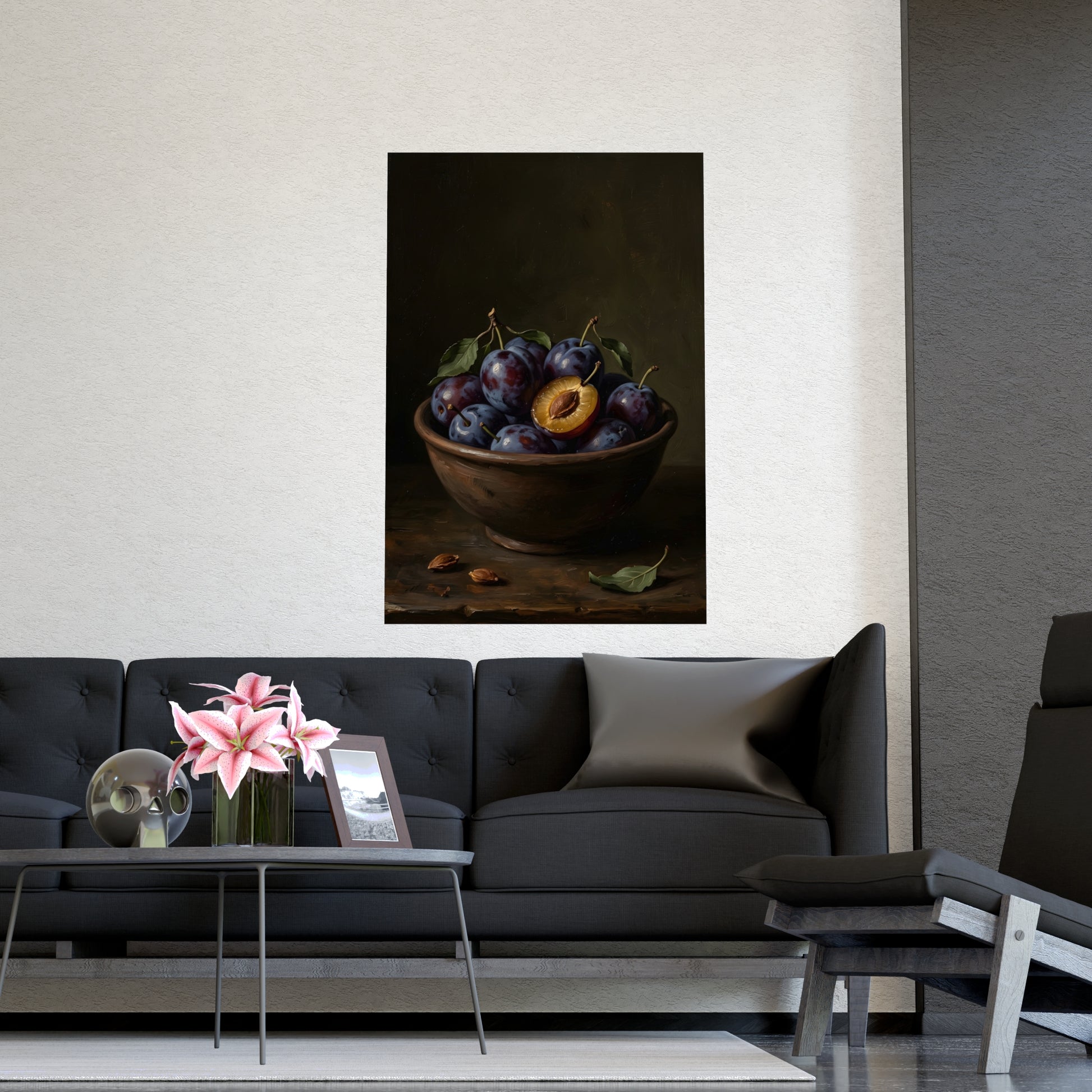 Bowl of Plums framed on a cream wall in a living room, 18x24 in print