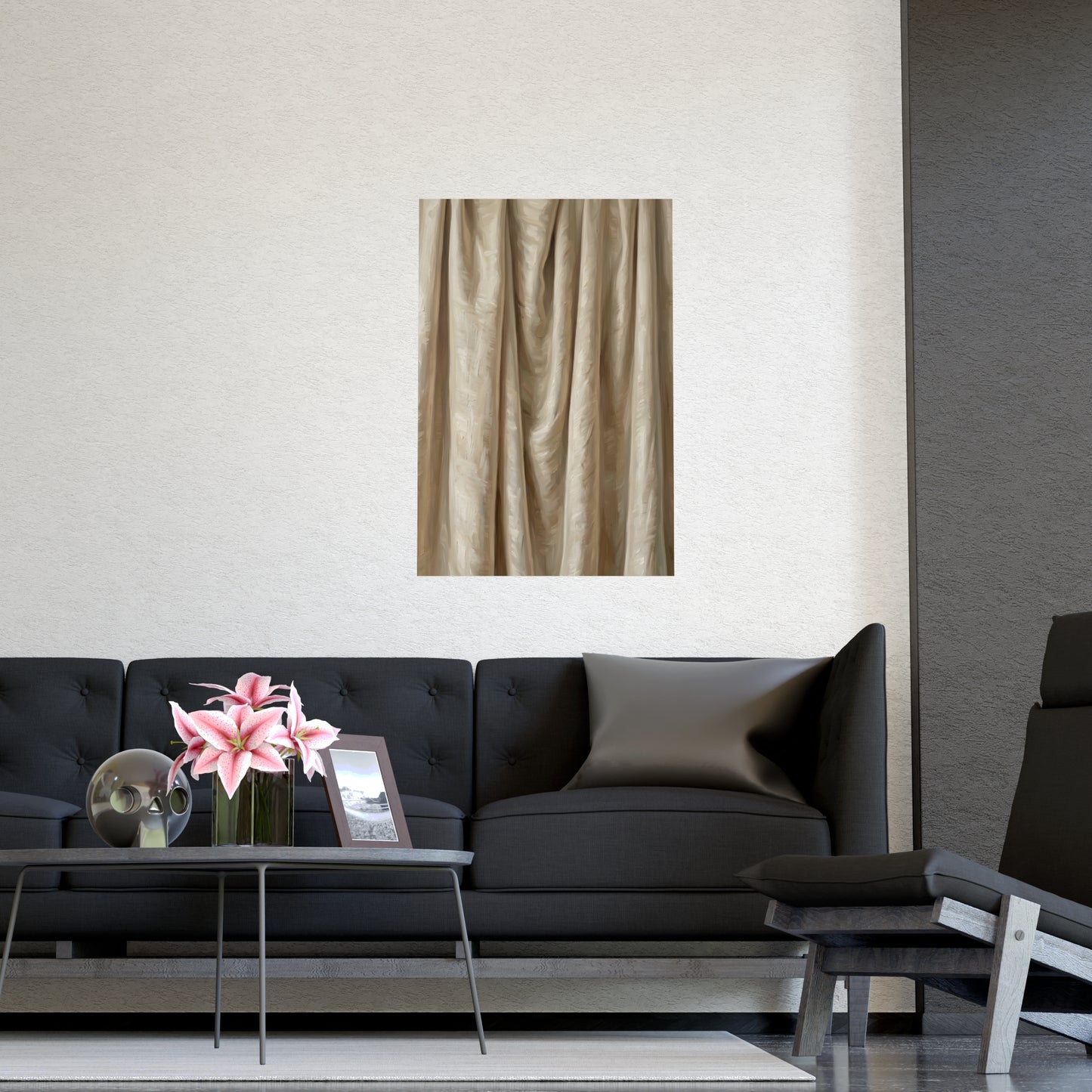 Raw Silk hung above a desk with a clock and notebook, 16x24 in print