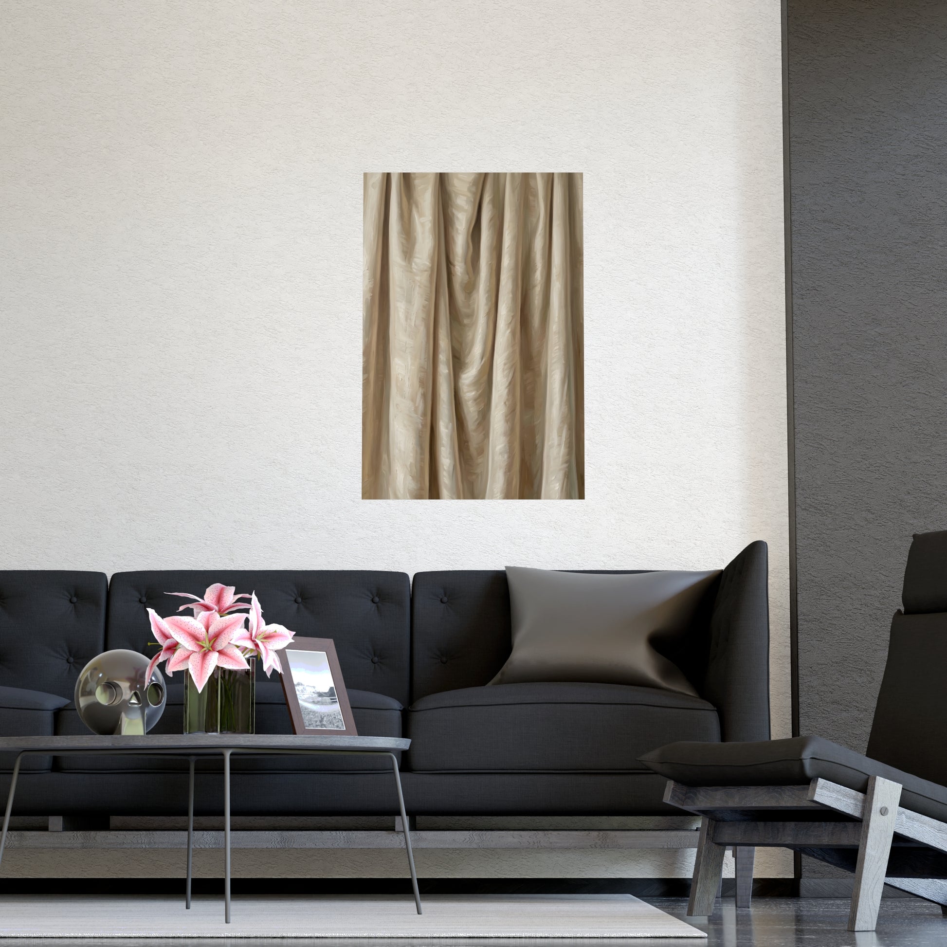 Raw Silk hung above a desk with a clock and notebook, 16x24 in print