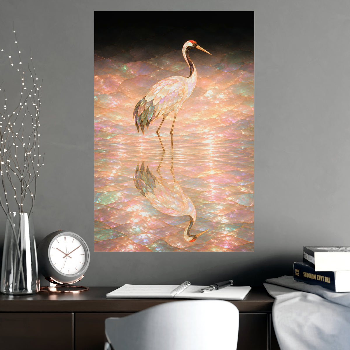 One Crane, Reflected — one crane, reflected, shown framed on a wall