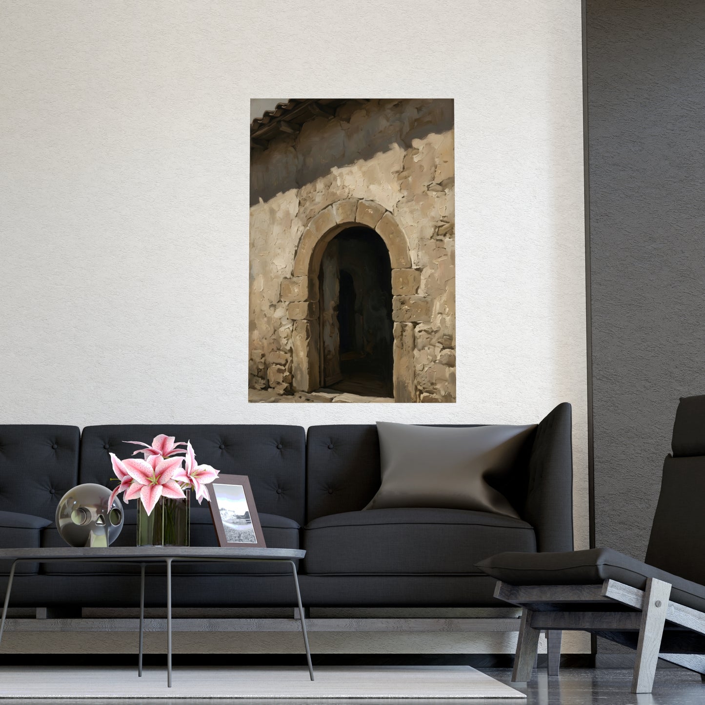 Arched Doorway hung above a sofa with a side table and lilies, 18x24 in print