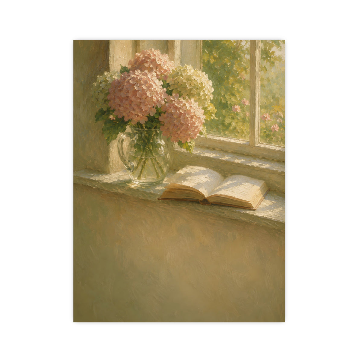 Hydrangeas and a Book — hydrangeas in a glass jug beside an open book on a sunlit windowsill, 12x16 in print