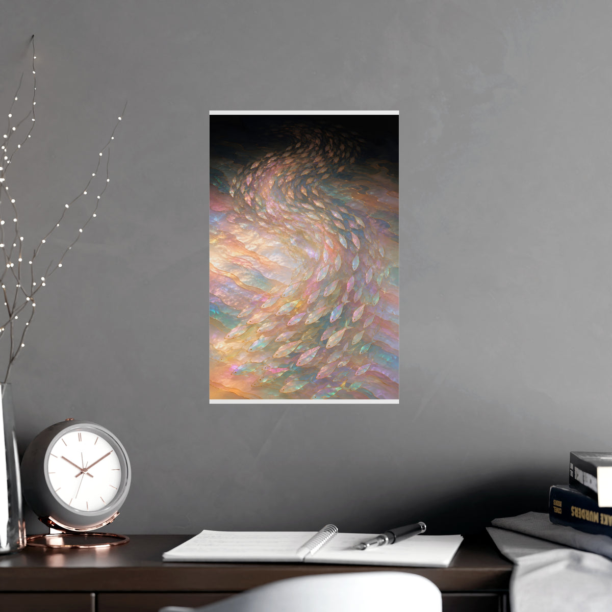 A Shoal, Turning — a shoal, turning, shown framed on a wall