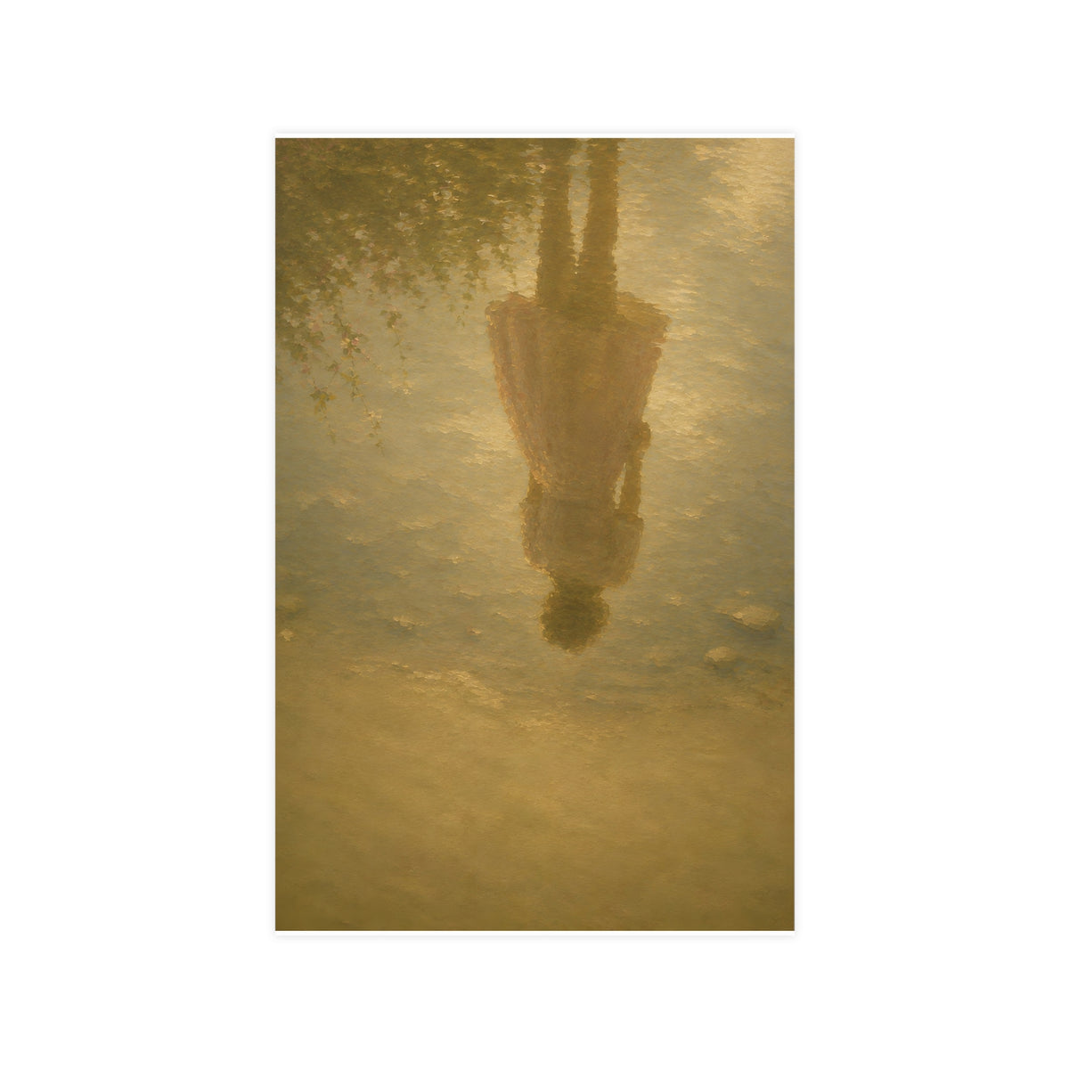 Reflected in the Shallows — only a woman's reflection in still shallow water, the figure herself out of frame, 11x17 in print
