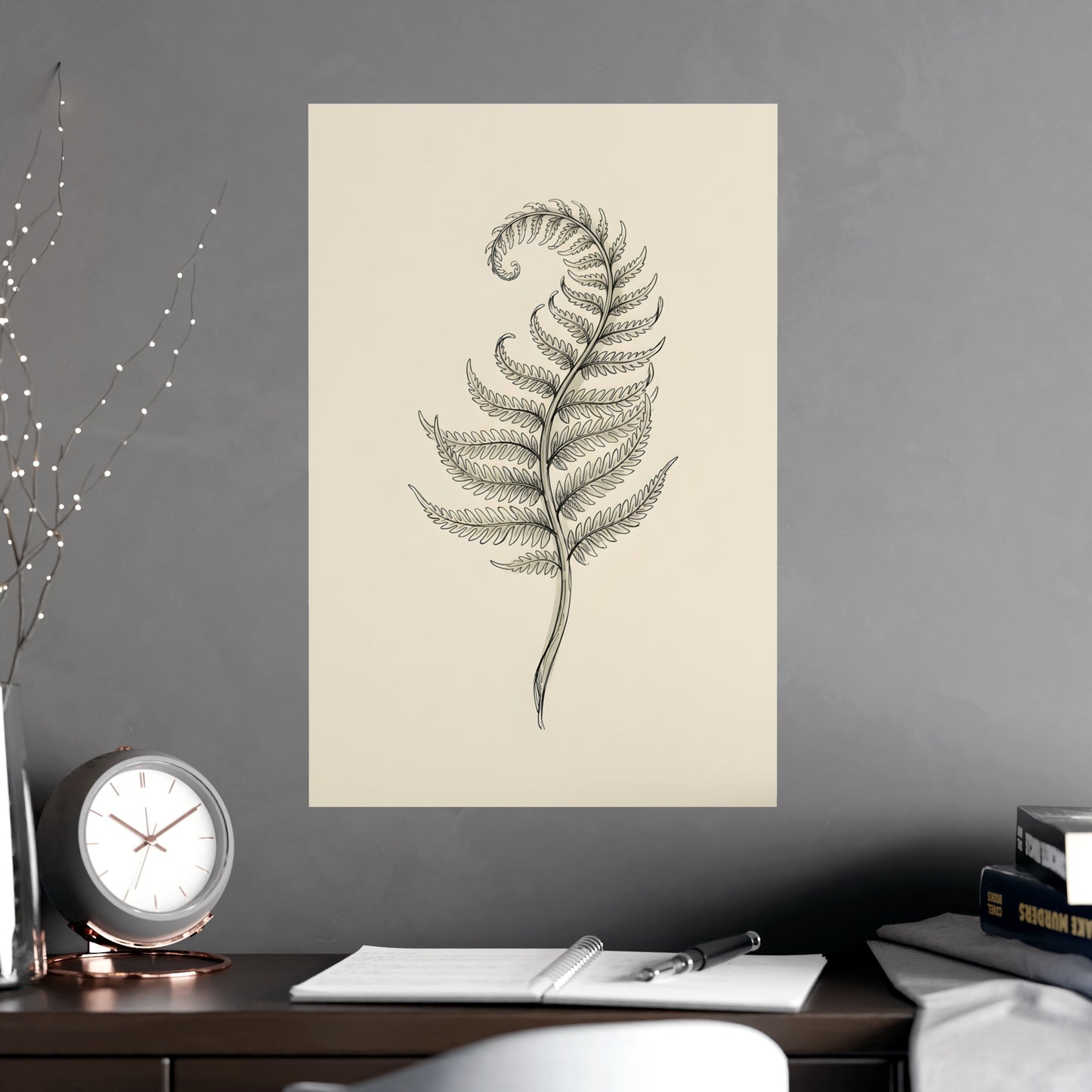 Fern Frond hung above a sofa with a side table and lilies, 16x24 in print