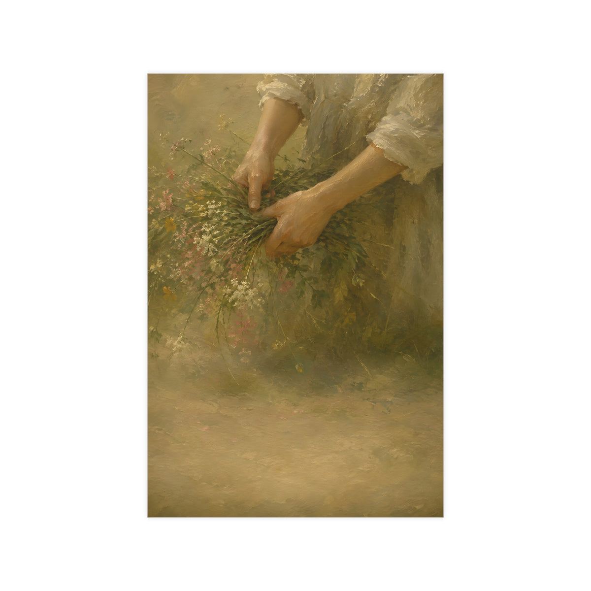 Hands and Wildflowers — a woman's hands gathering wildflower stems into a bundle, cropped at the forearms so no face is in fr