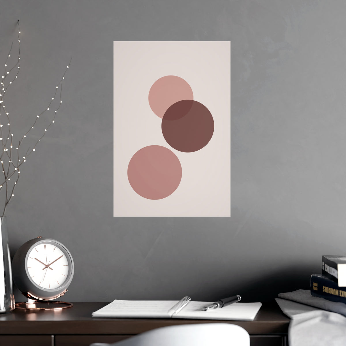 Dusty Rose Circles Modern Wall Art — circles in a dusty rose palette, shown framed on a wall