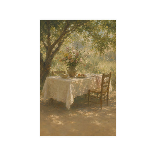 Table Under the Tree — a table under a tree with a linen cloth and a jug of wildflowers, 11x17 in print