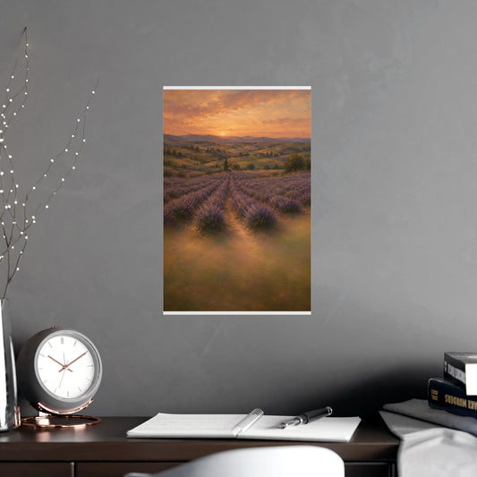 Lavender Fields at Dusk — lavender rows receding into soft hills at dusk, shown framed on a wall