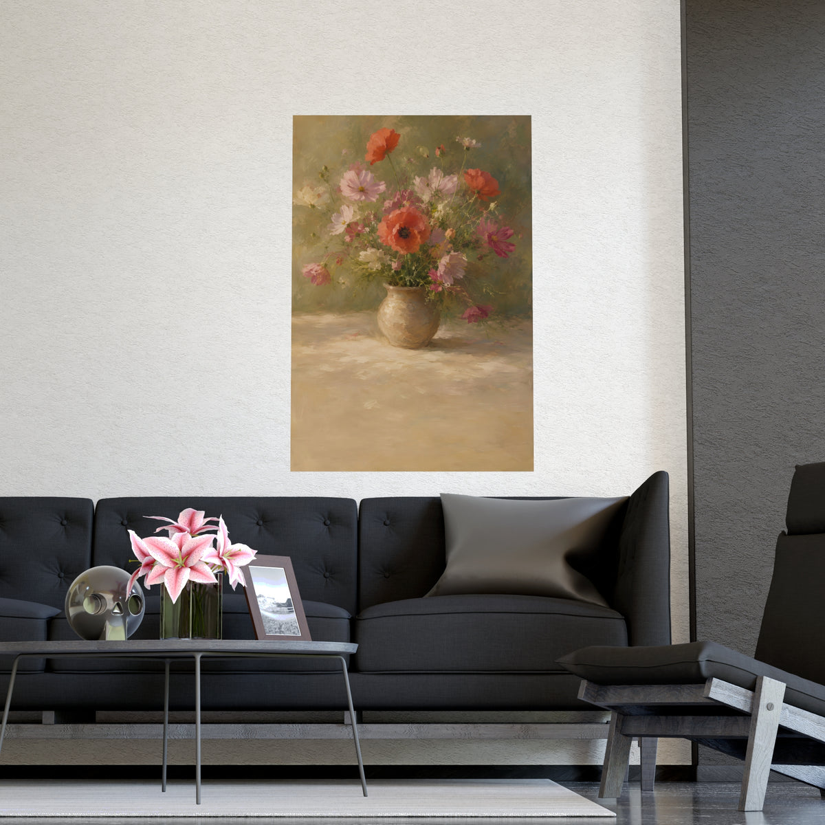 Poppy and Cosmos Bouquet — a loose bouquet of poppies and cosmos in an earthenware vase, shown framed on a wall