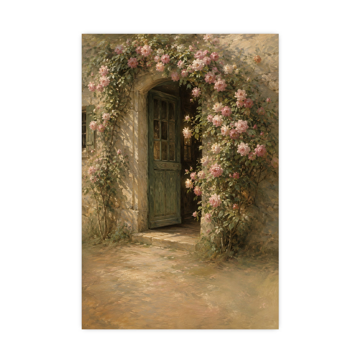 Rose Cottage Door — a stone cottage doorway framed by climbing roses in full bloom, 16x24 in print