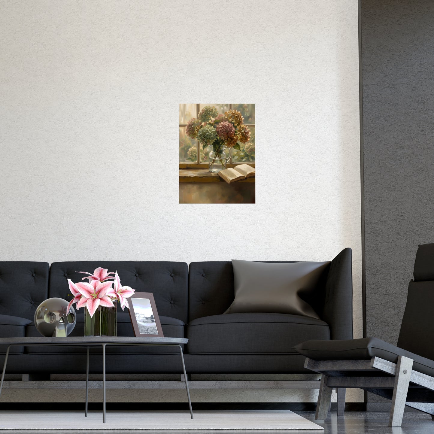 Hydrangeas and a Book on a plain wall, shown at a larger size, 11x17 in print
