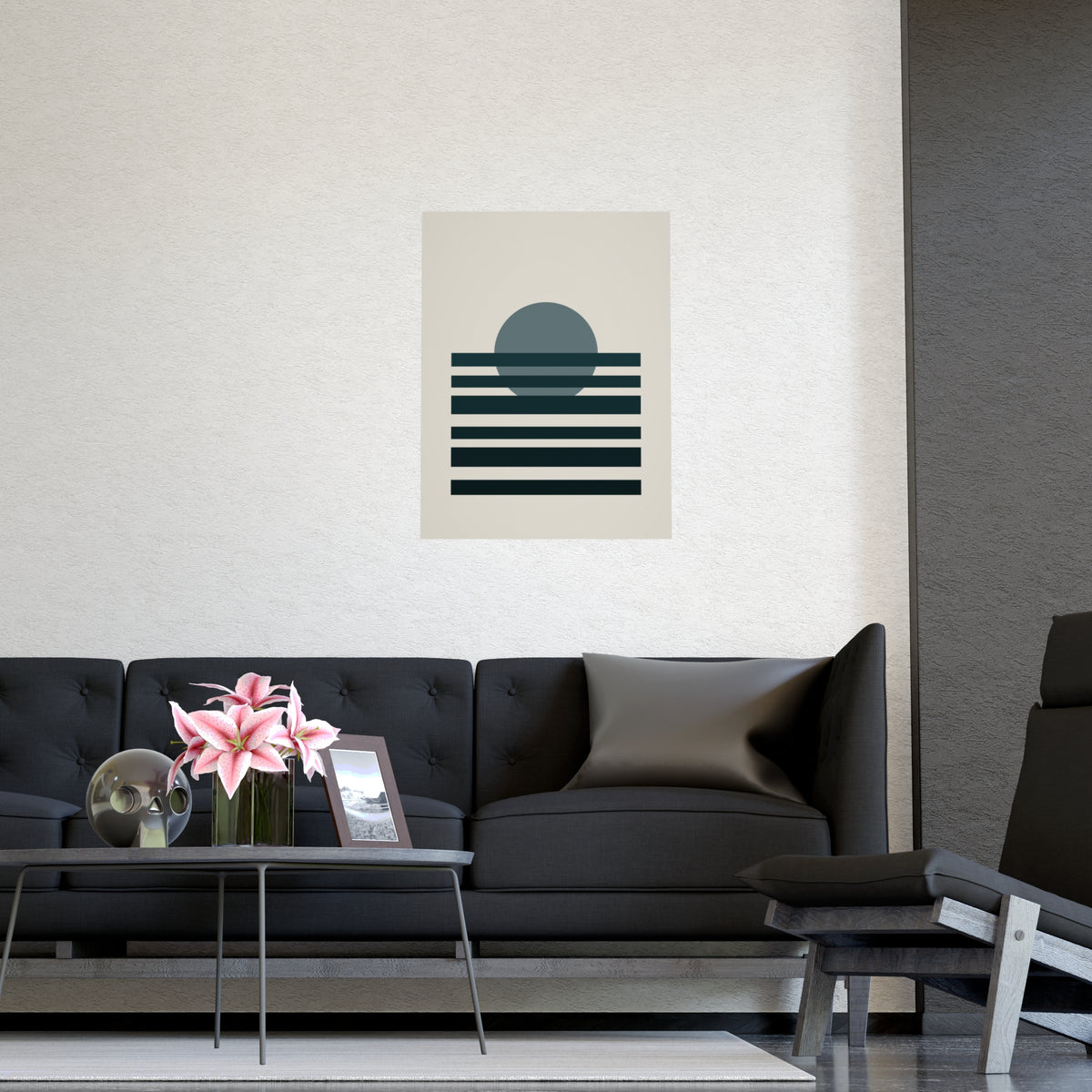Deep Teal Sunset Landscape Wall Art — sunset landscape in a deep teal palette, shown framed on a wall