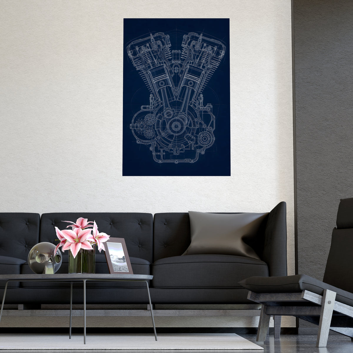 V-Twin Engine — v-twin engine, shown framed on a wall