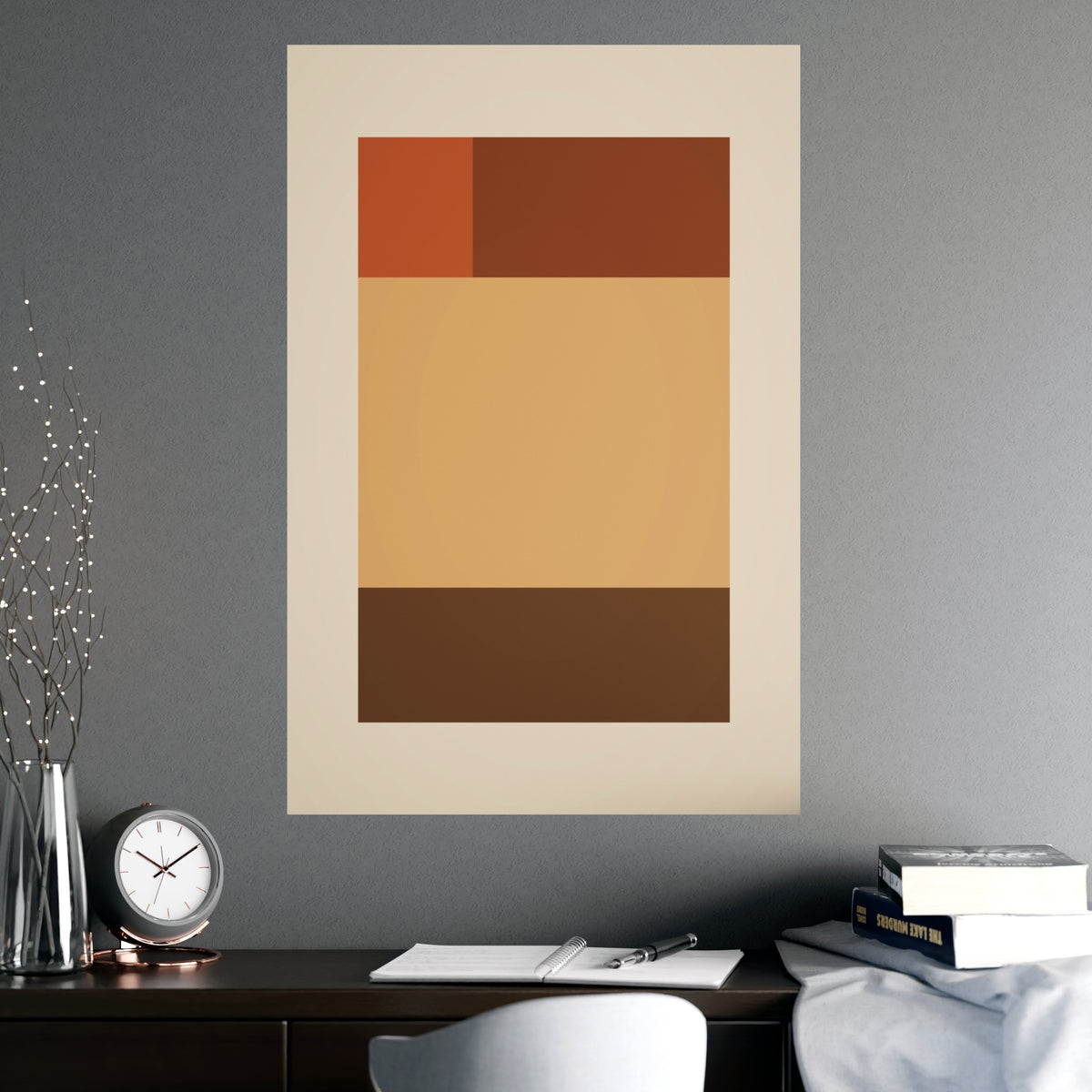Muted 70s Blocks Retro Wall Art — blocks in a muted 70s palette, shown framed on a wall
