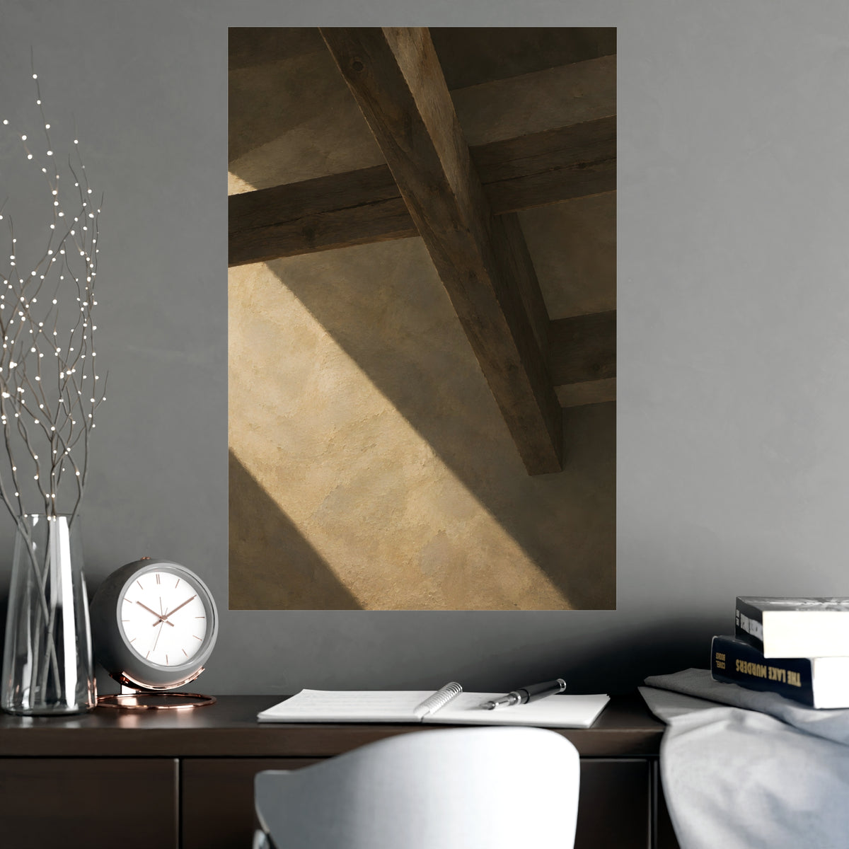 Beams Overhead — beams overhead, shown framed on a wall