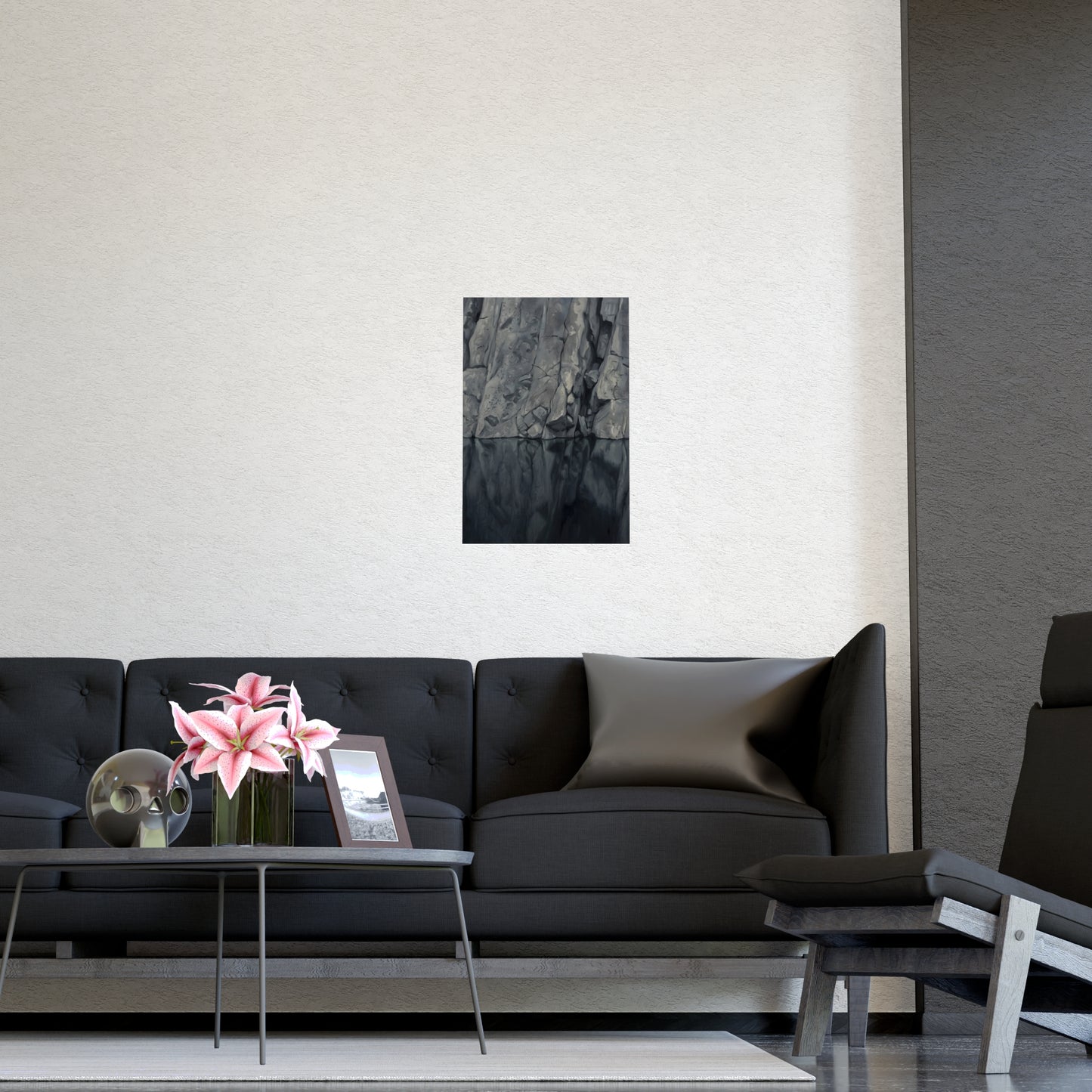 Still Water on a living room wall beside a tall vase, 16x24 in print