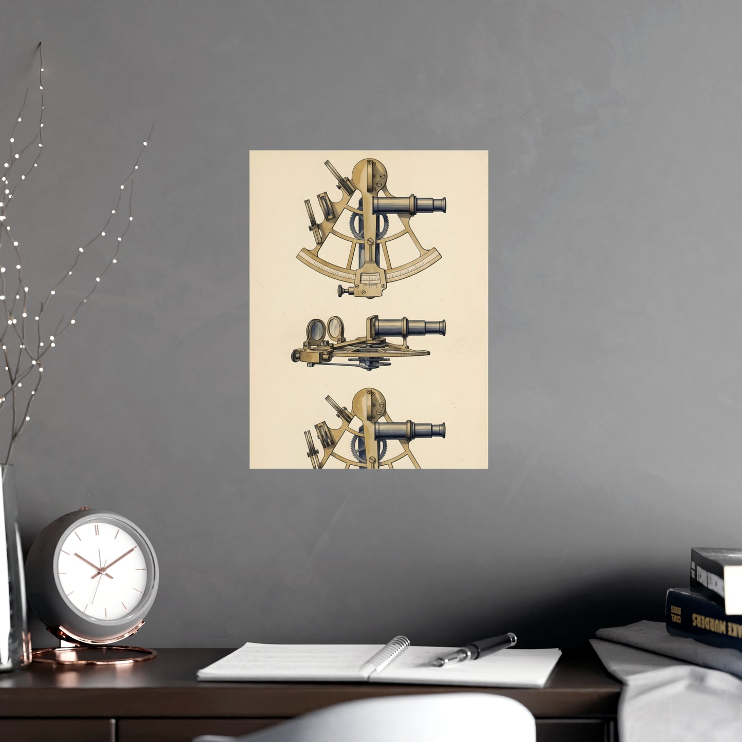 Sextant hung above a desk with a clock and notebook, 12x18 in print