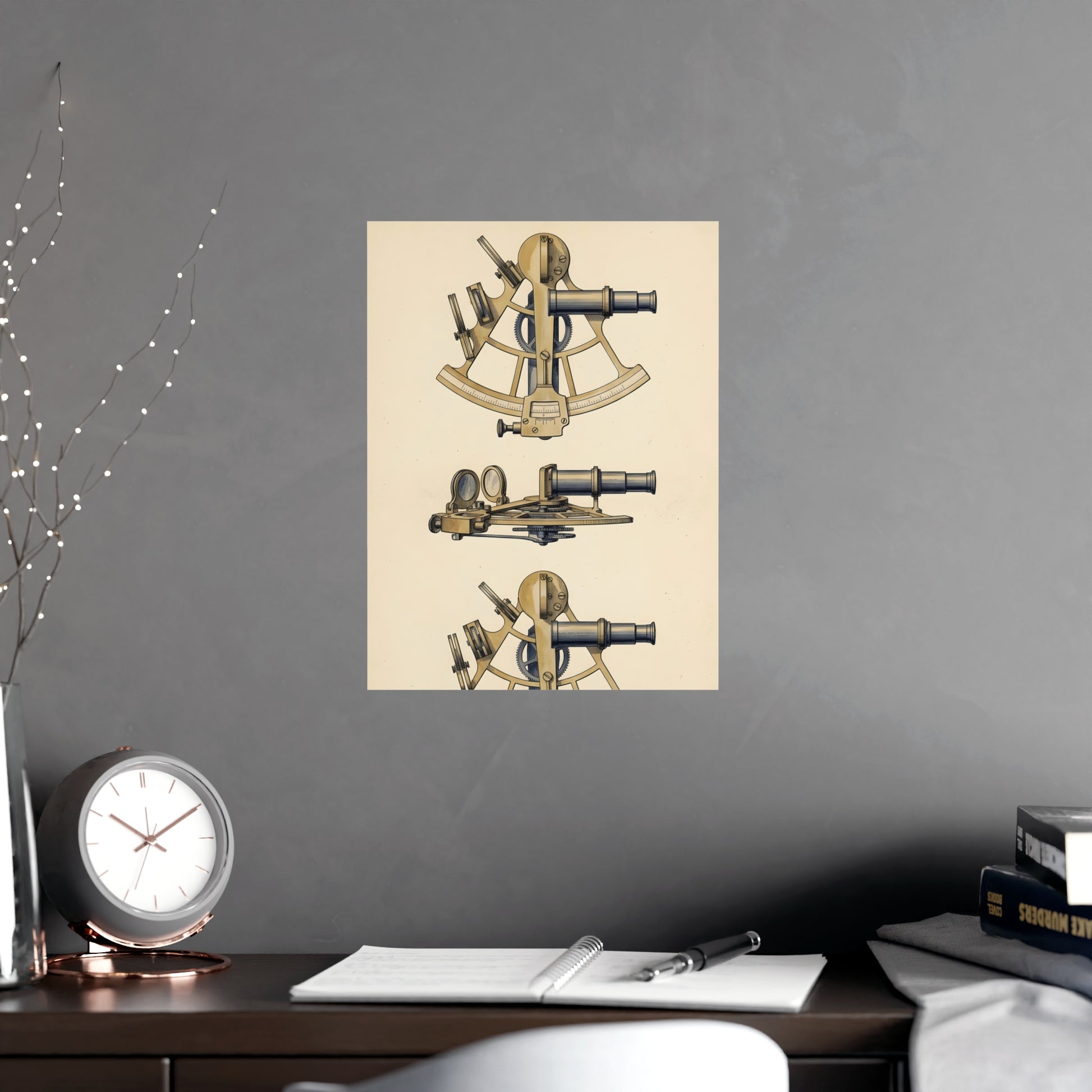 Sextant hung above a desk with a clock and notebook, 12x18 in print