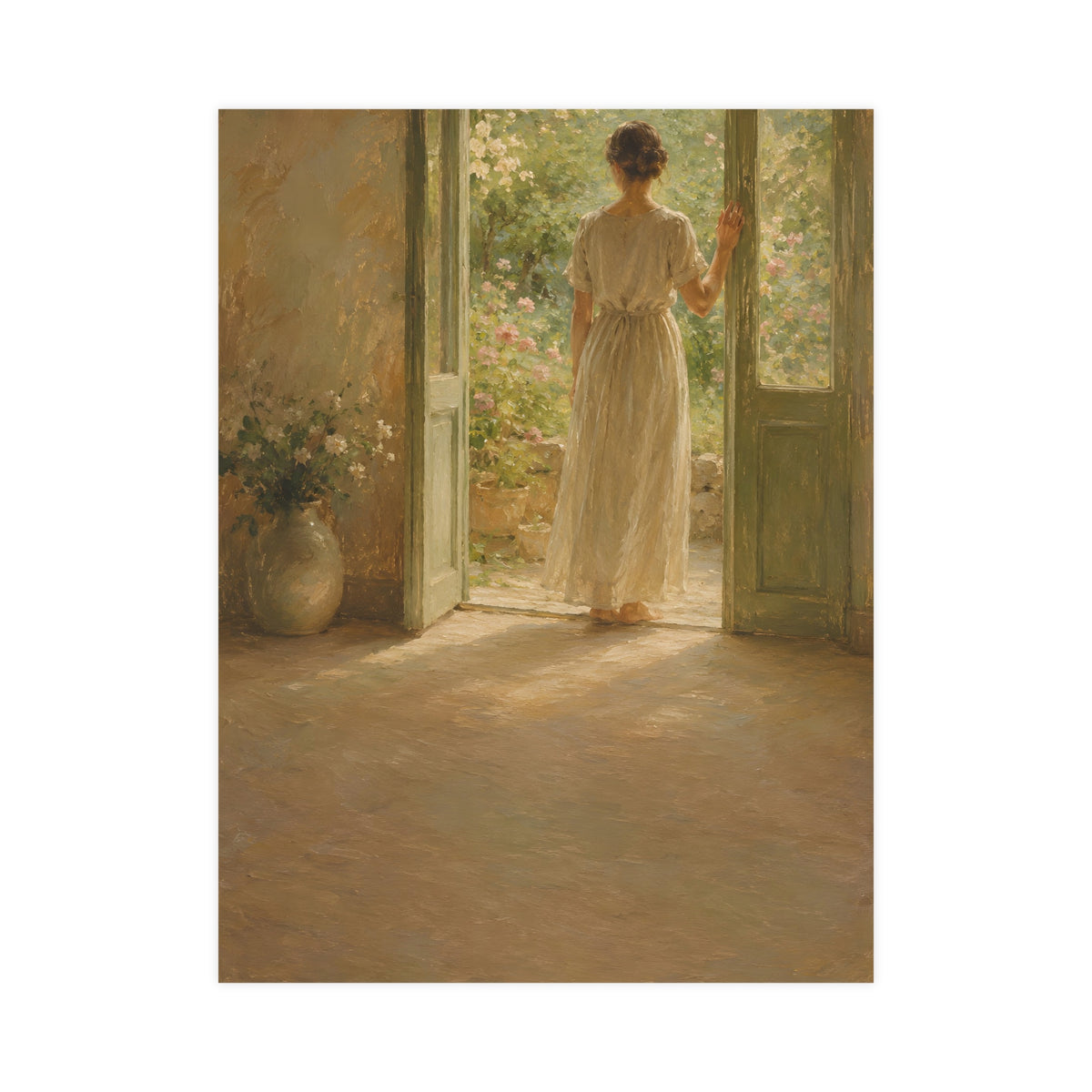 Doorway to the Garden — a woman in a linen dress standing in an open doorway looking out to a summer garden, 18x24 in print