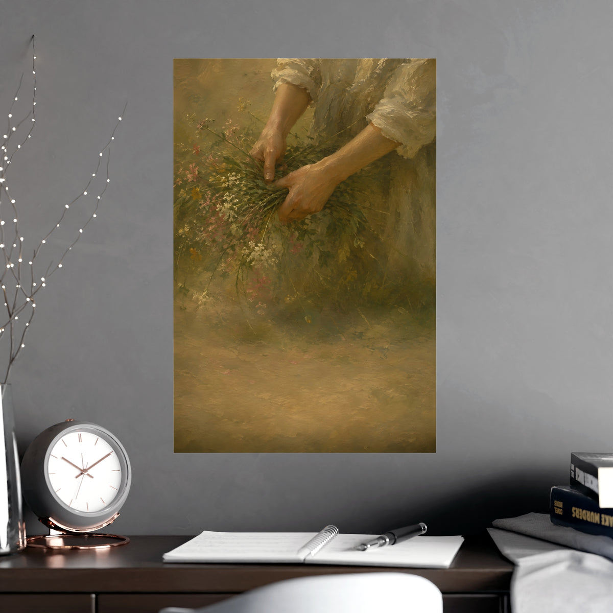 Hands and Wildflowers — a woman's hands gathering wildflower stems into a bundle, cropped at the forearms so no face is in fr