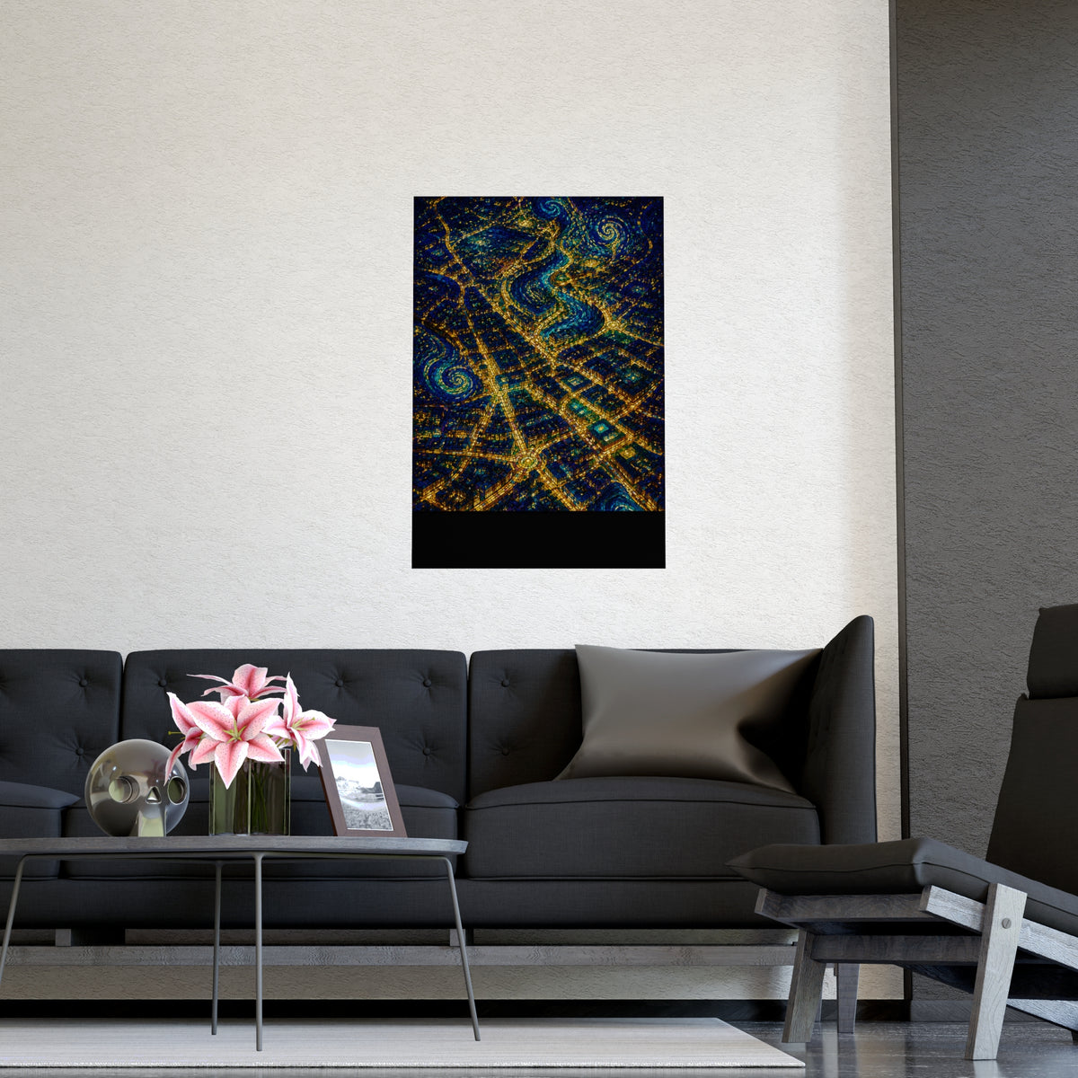 City from Above — city from above, shown framed on a wall