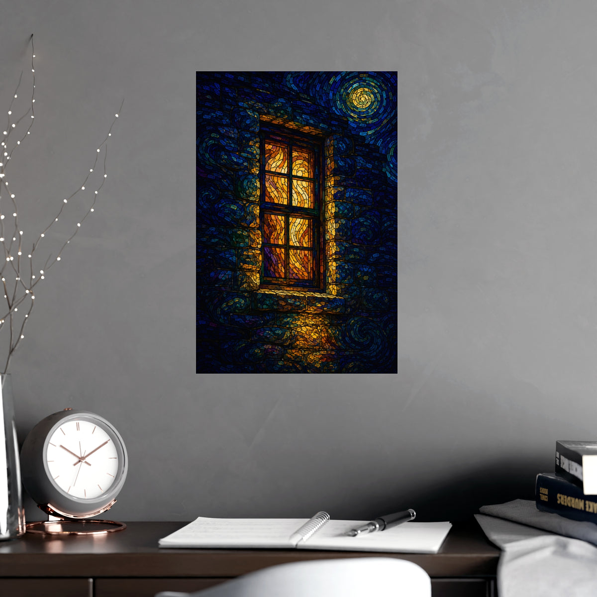 One Lit Window — one lit window, shown framed on a wall