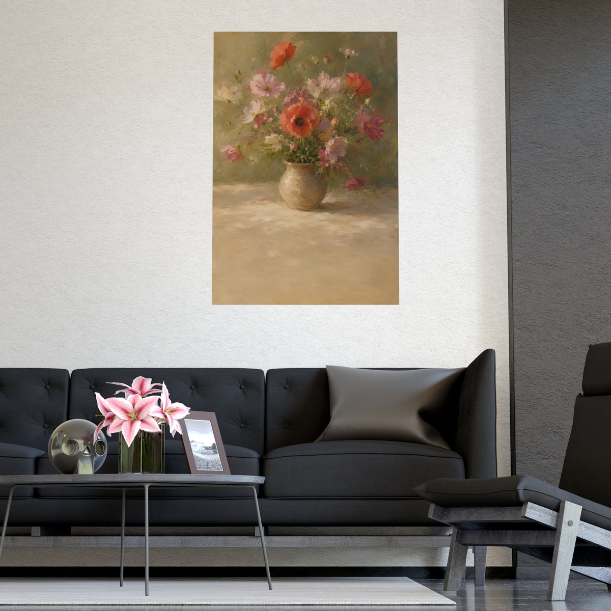 Poppy and Cosmos Bouquet — a loose bouquet of poppies and cosmos in an earthenware vase, shown framed on a wall