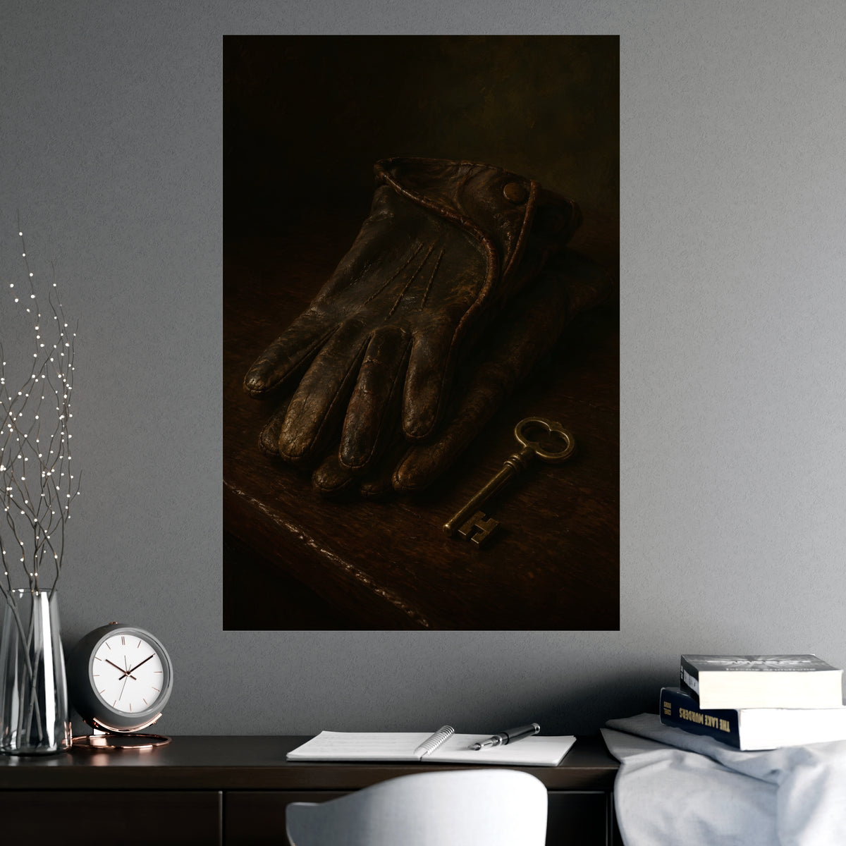 Gloves and a Brass Key — gloves and a brass key, shown framed on a wall